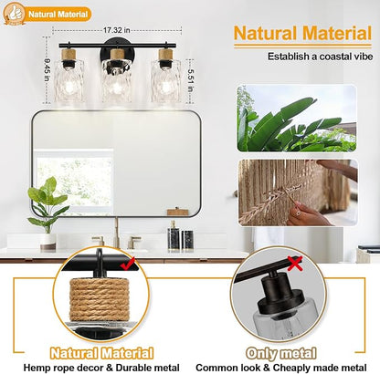 MOKATNG Bathroom Light Fixtures, 3-Light Coastal Vanity Lights with Crystal Glass Shade, Black Bathroom Wall Lamp for Mirror Kitchen Hallway Cabinet