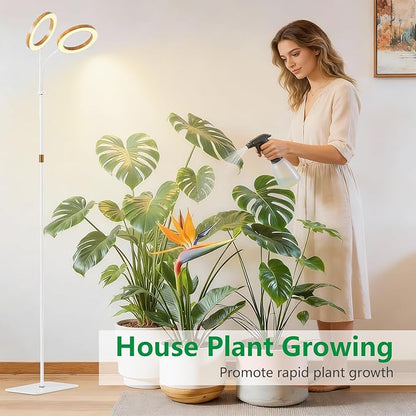 Dual Head Grow Light for Indoor Plants Full Spectrum-Floor Standing Plant Lamp with Auto Timer 6/12/18H, 5-Level Dimmable & Adjustable Height 16.5-68in for Large Tall Plants | Faux Wood Design