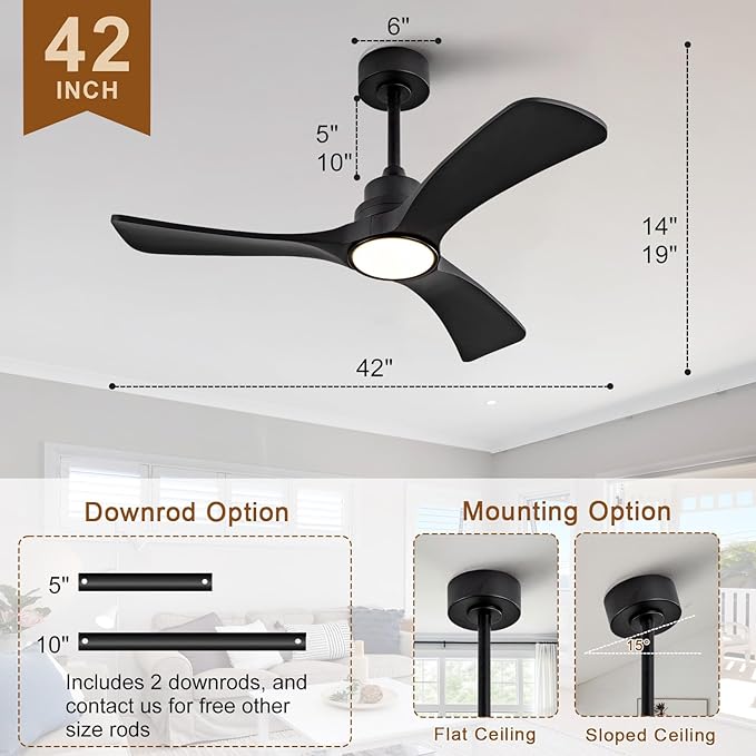 Black Ceiling Fan with Light,42 inch Solid Wood Ceiling Fan,Remote Control,Wall Switch,Dimmable,Reversible Quiet DC Motor,Power Off Memory Modern Ceiling Fans for Bedroom Patio Indoor/Outdoor