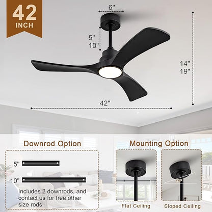 Black Ceiling Fan with Light,42 inch Solid Wood Ceiling Fan,Remote Control,Wall Switch,Dimmable,Reversible Quiet DC Motor,Power Off Memory Modern Ceiling Fans for Bedroom Patio Indoor/Outdoor