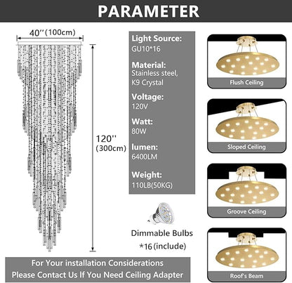 D40'' x H120'' Crystal Chandelier High Ceiling Chandeliers for Entryway Large Raindrop Chandeliers LED Dimmable Flush Mount Light Fixtures for Staircaes Foyer Hallway Living Room Bulbs Included Gold