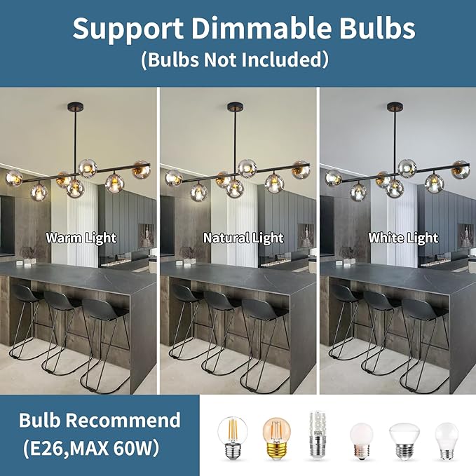 Modern linear chandeliers for dining room,7 Lights Glass Globe sputnik ceiling light fixture 41" Mid Century black and gold chandelier (Large Long Pendant Hanging Lighting for Kitchen Island)