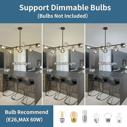 Modern linear chandeliers for dining room,7 Lights Glass Globe sputnik ceiling light fixture 41" Mid Century black and gold chandelier (Large Long Pendant Hanging Lighting for Kitchen Island)