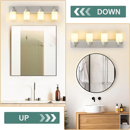 IZORRO Bathroom Vanity Light Fixture, 4-Light 30 Inch Brushed Nickel Bathroom Light Fixtures Over Mirror, with White Glass Shade, Modern Farmhouse Vanity Lights, Rustic Restroom Lighting Fixtures