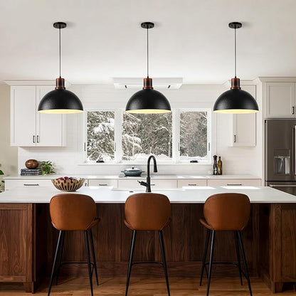 Modern Solid Wood Pendant Lights,15.7" Hammered Metal Shade,Black Finish Hanging Lighting Lamp Industrial Dome Ceiling Light Fixtures for Kitchen Island, Farmhouse, Dining Room
