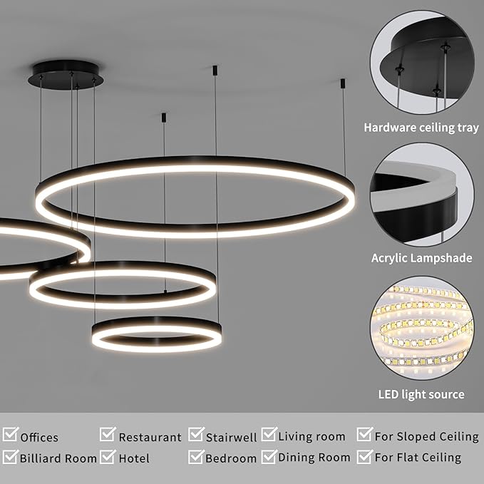Mikeru Modern 4 Ring Chandelier Light, LED Pendant Light Fixtures with Remote Control 3000k-6500K Adjustable Color Temperature Light for Living Room, Bedroom, Kitchen