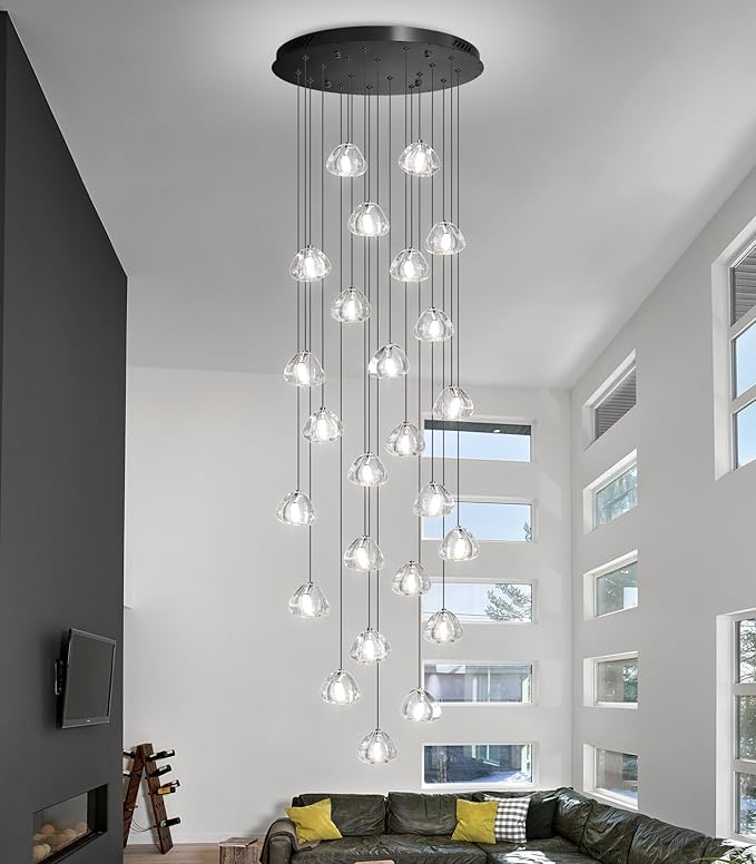 HAIXIANG 157 Inches Long Chandelier Bubble Crystal Balls Glam Chandeliers Dimmable Light High Ceiling Pendants Light Adjustable Large Size Lighting Fixtures Black