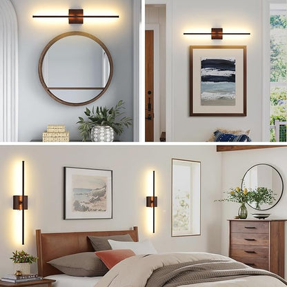 Battery Operated Wall Sconces Set of Two, 11000mAh LED Wireless Faux Walnut Finish Wall Lights with Remote, 350°Rotate Dimmable Wall Lamp, 3 Color Temperatures, for Bedroom, Living Room, Hallway