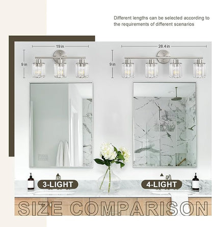 Crystal Bathroom Light Fixtures, Bathroom Lighting Fixtures Over Mirror, Modern 3-Light Brushed Nickel Vanity Lights for Mirror, Restroom, Kitchen(Ceramic E26 Socket,Bulbs Not Include)