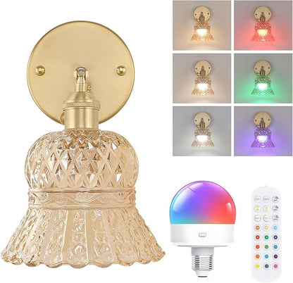 Shenmoyl Vintage Battery Operated Wall Sconce, Rechargeable Battery Powered Wall Sconces with Remote Control, Wireless Dimmable LED Light for Bedside Indoor Living Room (Amber Pineapple)