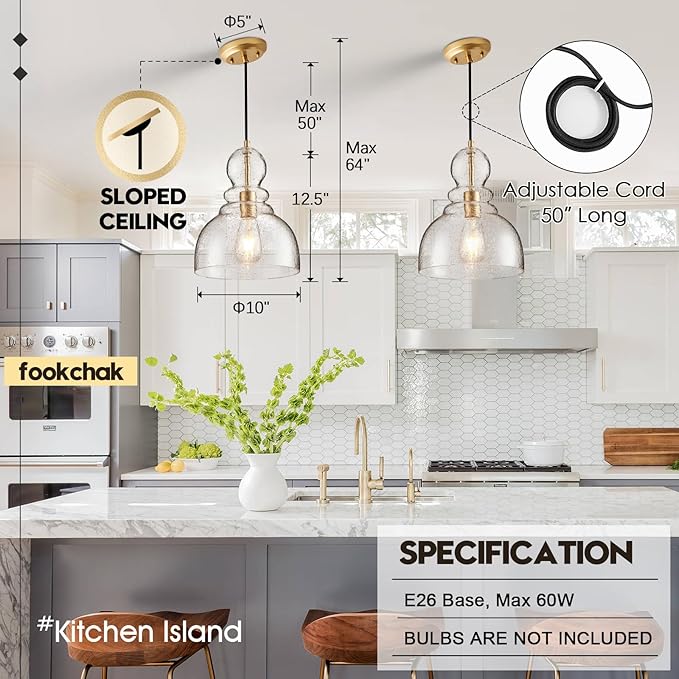 Gold Pendant Lights Kitchen Island, Large Gold Sand Glass Pendant Lighting Over Table 10inch Modern Brass Ceiling Island Light for Kitchen Sink Hallway Entrance