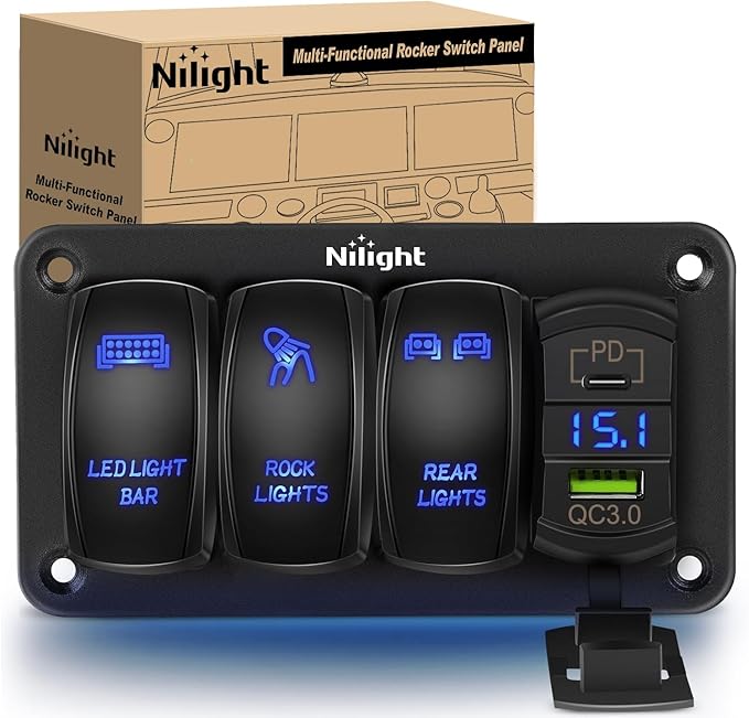 Nilight 3 Gang Rocker Switch Aluminum 12V 24V Laser Toggle Panel Blue PD Type C USB Charger Voltmeter LED Light Bar Rock/Rear Lights for Car Truck Boat RV