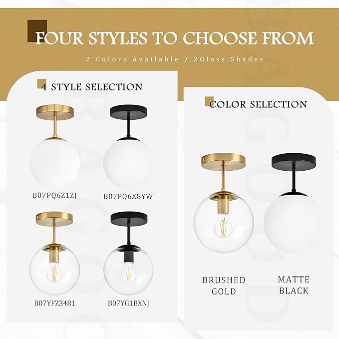 Bagood 8 Inch Gold Semi Flush Mount Ceiling Light Fixture Clear Glass Globe Ceiling Light Fixture Modern Hallway Light Fixtures Mid Century Ceiling Light Brass Finish for Entryway Bedroom (Bulb Incl.)