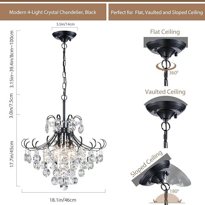 Black Crystal Chandeliers, 4-Light Modern Dining Room Light Fixture, Living Room Bedroom Pendant Ceiling Lamp, Industry Adjustable Hanging Light, H 17.7'' x W 18.1''
