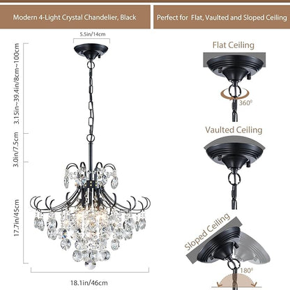 Black Crystal Chandeliers, 4-Light Modern Dining Room Light Fixture, Living Room Bedroom Pendant Ceiling Lamp, Industry Adjustable Hanging Light, H 17.7'' x W 18.1''