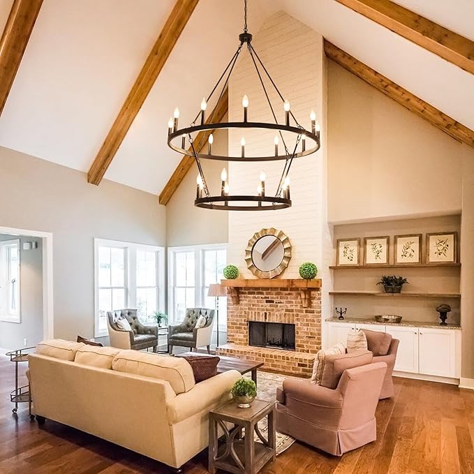 Black Wagon Wheel Chandelier 2 Tier 20-Lights 40 Inch Extra Large Farmhouse Light Fixture Rustic Lighting Round Chandeliers for Dining Room Kitchen Island Foyer Entryway