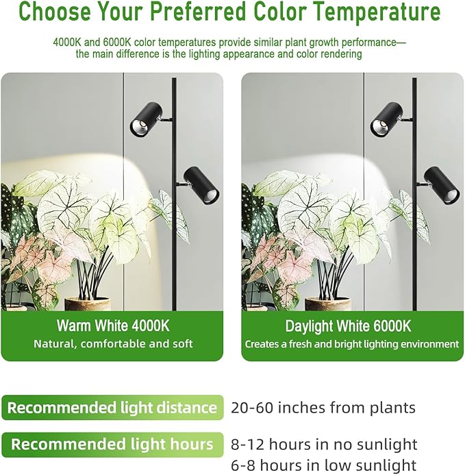 60W Dimmable Grow Light, Full Spectrum COB LED Dual-Head Floor Plant Lamp with High PPFD&CRI, 6/8/12H Timer, Adjustable Height (37"-77") & Angle – Standing Grow Lights for Indoor Plants