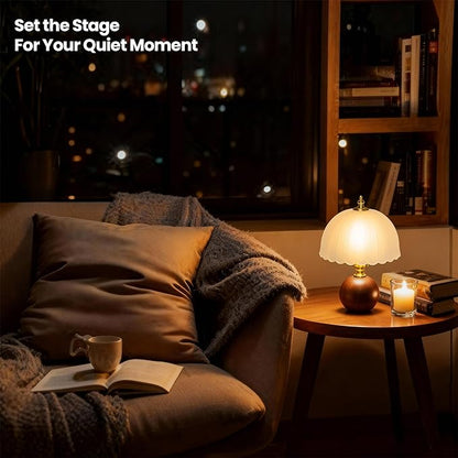 11.8“ Decorative Wooden Table Lamp with Frosted Glass Shade, Dimmable Bedside Nightstand Lamp with E26 Socket & 6ft Cord, Small Accent Lamp for Bedroom & Living Room (White)