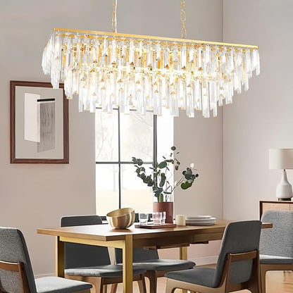Modern Gold Rectangle Chandelier, 10 Lights Linear Luxury Crystal Chandelier Top K9 Crystal Rectangular Ceiling Pendant Light Fixture for Dining Room Kitchen Table Living Room