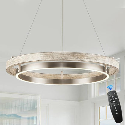 LED Ring Chandelier Weathered Wood Nickel Chandelier Dimmable Round Foyer Chandeliers Light Farmhouse Circular Chandeliers for Dining Room Entry Bedroom Office Living Room, 24in