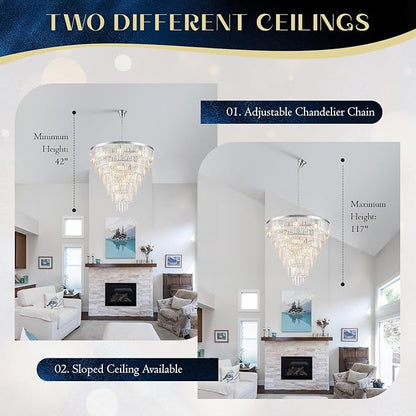 Chrome Crystal Chandelier Large 36" Modern Round Staircase Chandeliers 22 Lights 7-Tier Luxury K9 Crystal Ceiling Pendant Light Fixture for Tall Ceiling Living Room Foyer