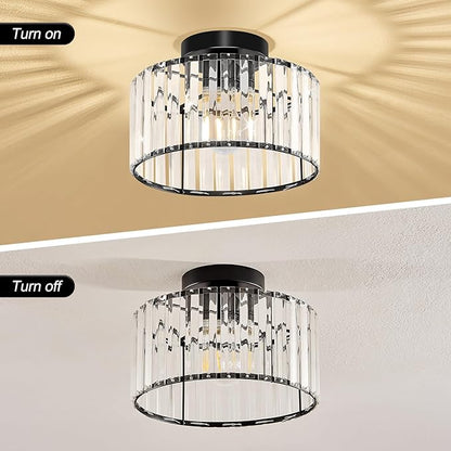Modern Ceiling Light, Crystal Hallway Semi Flush Mount Ceiling Lighting Fixture, Black Metal Close to Ceiling Lamp for Bathroom Entryway Bedroom Porch Kitchen Living Room