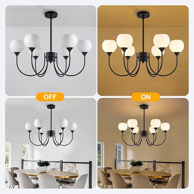 Mid Century Chandelier Light Fixture Black Sputnik Pendant 6 Lights, Modern Ceiling Light Fixture with Milk Glass Globe Adjustable for Dining Room Living Room Bedroom