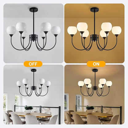 Mid Century Chandelier Light Fixture Black Sputnik Pendant 6 Lights, Modern Ceiling Light Fixture with Milk Glass Globe Adjustable for Dining Room Living Room Bedroom