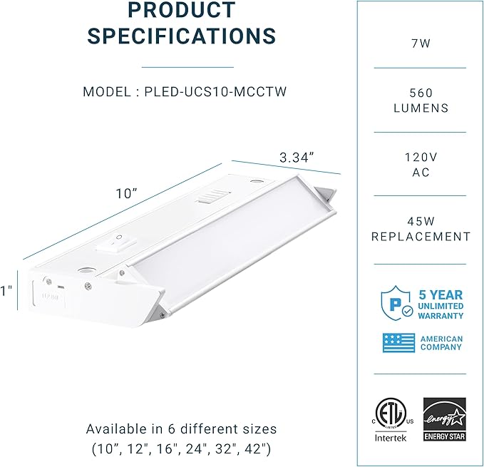 PARMIDA LED Swivel Under Cabinet Lighting, Hardwired or Plug-in Installation, 10 Inch, 7W, 5CCT Color Selectable - 2700K/3000K/4000K/5000K/6000K, Rotatable Lens, Dimmable, Linkable, 120V, 560LM, ETL