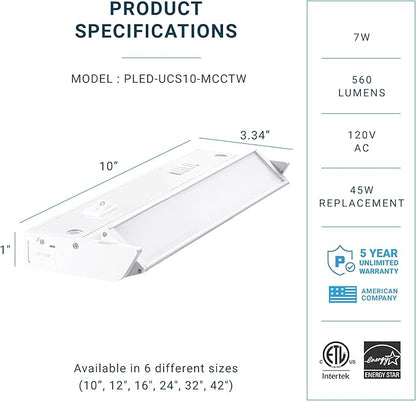 PARMIDA LED Swivel Under Cabinet Lighting, Hardwired or Plug-in Installation, 10 Inch, 7W, 5CCT Color Selectable - 2700K/3000K/4000K/5000K/6000K, Rotatable Lens, Dimmable, Linkable, 120V, 560LM, ETL