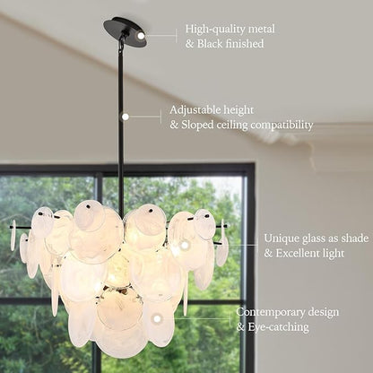 Dia 28 Inch, Modern Glass Chandeliers for Bedroom, Black Dining Room Light Fixture, Large Vintage Pendant Chandelier for Living Room Entryway Foyer