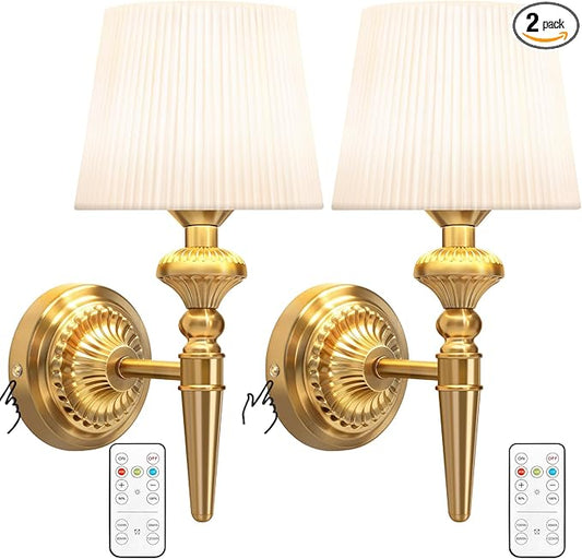 Cordless Battery Powered Wall Sconce Vintage Set of 2, Touch Type & Remote, Timer, Wireless 6800mAh Rechargeable Battery Small Wall Lamp for Wall Painting, Living Room, Bedroom, Hallway, Gifts(Gold)
