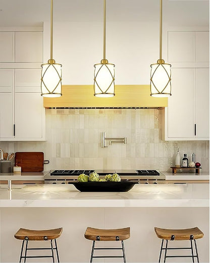 Brushed Gold Pendant Lights Kitchen Island 3 Pack, Milk Glass Kitchen Pendant Lighting Over Island with Rod, Modern Mini Hanging Light for Kitchen Sink Dining Room, CH9176BGW-3PK