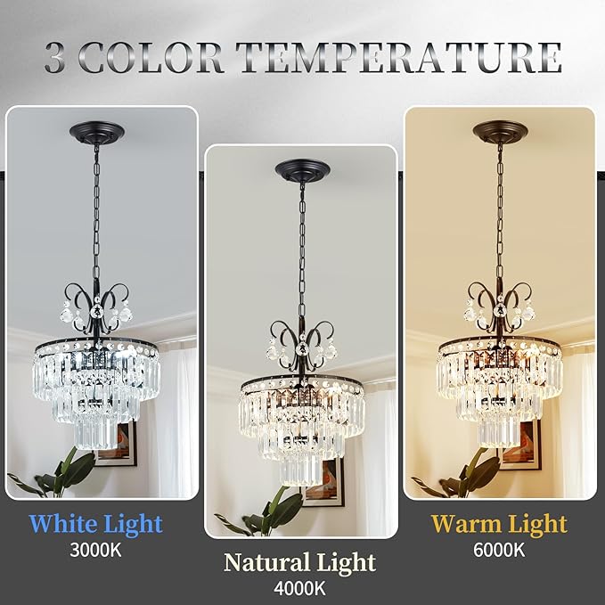Black Crystal Chandeliers,3-Lights Modern Crystal Chandelier for Dining Room,3 Tiers Small Chandeliers for Living Room Bedroom Kitchen Entryway G9 Base