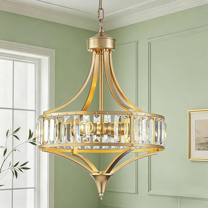 Gold Vintage Chandeliers for Dining Room, 15.7" Modern Crystal Round Pendant Lights Kitchen Island Over Table,4-Light Foyer Chandelier for Entryway Bathroom Bedroom Living Room