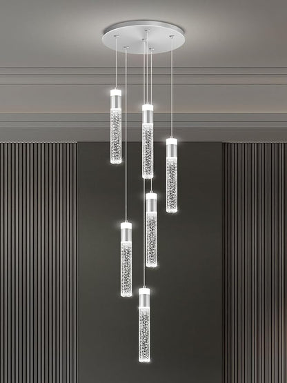 Long Crystal Column Chandelier for High Ceiling Modern LED Crystal Raindrop Chandeliers for Living Room Foyer Chandelier Lighting,3000k-6000K,6-Light Silver