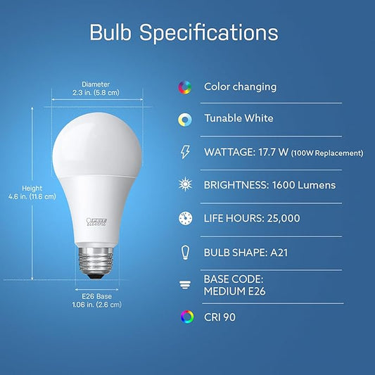 Feit Electric Smart Bulb, 100W Equivalent Color Changing and Tunable White, 2.4Ghz Wifi light bulb, No Hub Needed, Works with Alexa and Google Assistant, High CRI Dimmable LED OM100/RGBW/CA/AG, 1 Pack