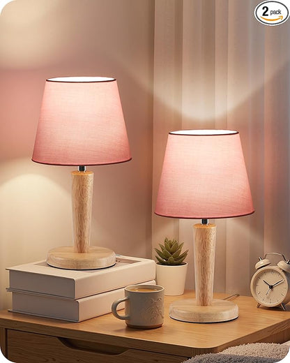 12" Wood Bedside Table Lamps Set of 2, Small Desk Lamps for Small Places, 3 Color Temperatures with Memory, Pink Linen Shade & E26 Bulbs, for Bedroom Living Room Office MP13TLP205
