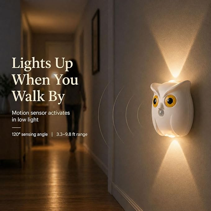 2-Pack White Owl Wall Lamp, Cute LED Night Light for Bedroom Decor, Warm Ambient Lighting for Kids Room, Nursery & Hallway, Creative Animal Wall Light, Gift for Home Decoration