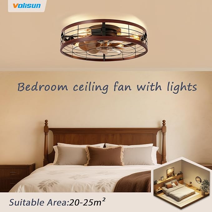 VOLISUN Farmhouse Caged Ceiling Fans with Lights Flush Mount, 23.6'' Rustic Low Profile Ceiling Fan with Light and Remote, Bladeless Fandelier Ceiling Fans with Lights for Kitchen, Bedroom(Wood)
