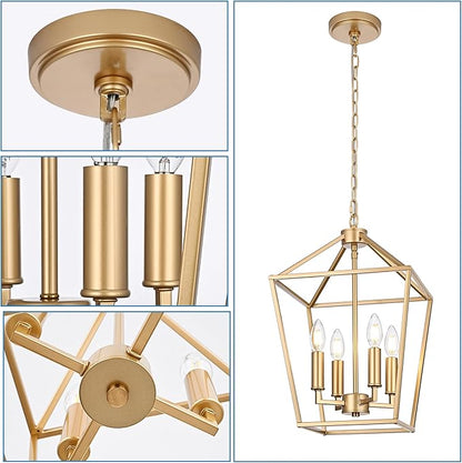 MELUCEE 4-Light Gold Farmhouse Chandelier Iron Lantern Pendant Light Rustic Cage Hanging Light Fixtures Industrial Foyer Lights for Kitchen Island Dining Room Hallway Foyer Entryway, E12 Base
