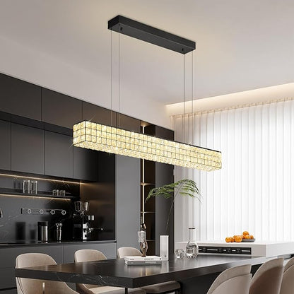 ykolupty Modern Rectangle Pendant Lights Dimmable LED Chandelier Lighting, Linear Black Dining Room Hanging Light Fixtures Kitchen Island Rectangle Chandelier for Dining Room (L 40")