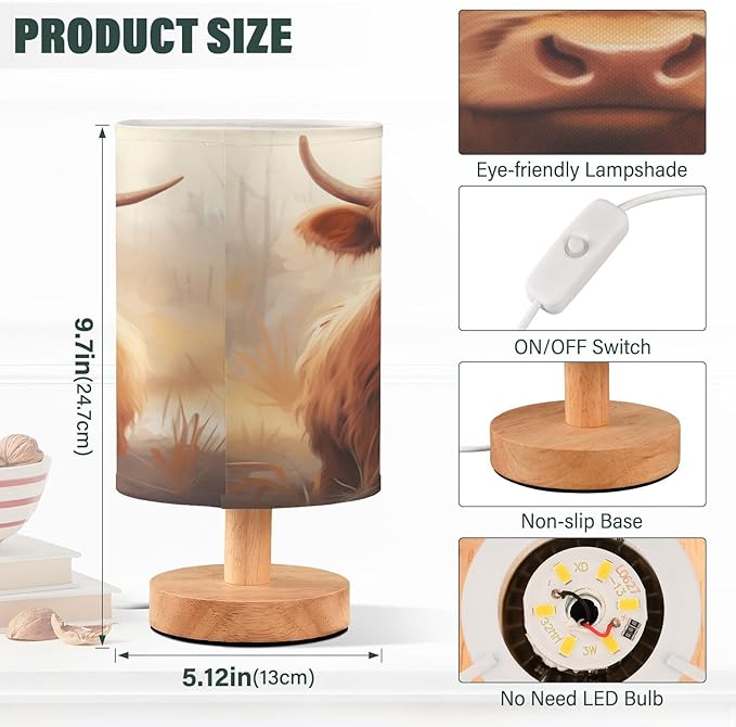 Bedside Table Lamp Highland Cow Nightstand Lamp with Wood Desk Lamps for Bedroom Living Room Nursery Office Home Decor