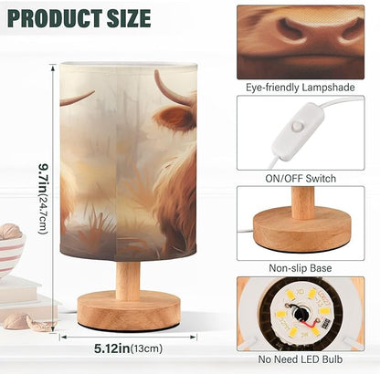 Bedside Table Lamp Highland Cow Nightstand Lamp with Wood Desk Lamps for Bedroom Living Room Nursery Office Home Decor