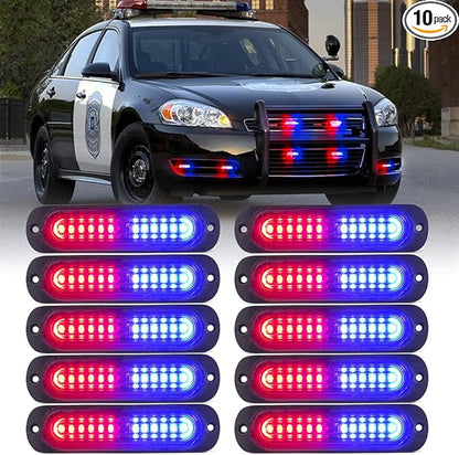 Xprite Red Blue LED Emergency Strobe Lights Kit, Surface Flush Mount Grill Grille Hazard Warning Safty Flashing Police Light for Volunteer Vehicles Off-Road Trucks Cars SUV ATV UTV Motorcycle - 10PCS