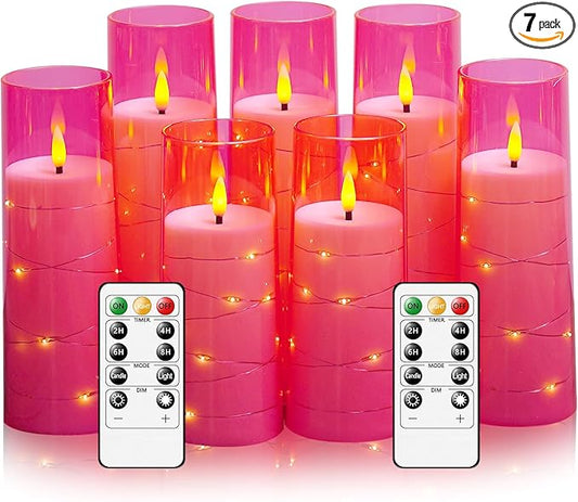 Flameless Candles,with Embedded Star String, Battery Operated Candles Flickering LED Pillar Candles with Remote Control and Timer, Home Decoration Add a Warm and Romantic Atmosphere，Set of 7 (Pink)