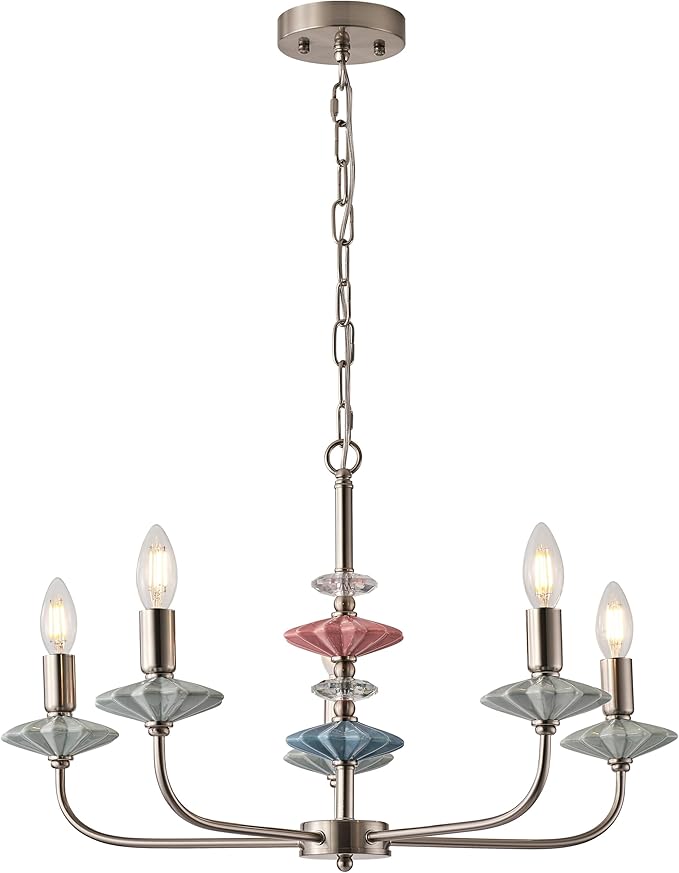 Brushed Nickel Chandeliers for Dining Room Light Fixture ，with Blue Green Ceramic Art Deco Chandelier, Modern Retro Candle Chandelier,Farmhouse Chandelier for Girls Bedroom，Living Room,Foyer