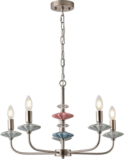 Brushed Nickel Chandeliers for Dining Room Light Fixture ，with Blue Green Ceramic Art Deco Chandelier, Modern Retro Candle Chandelier,Farmhouse Chandelier for Girls Bedroom，Living Room,Foyer
