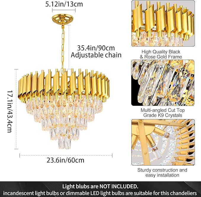 Modern Gold Crystal Chandelier Round Hanging 12-Light E12 Base Elegant Pendant Lighting for Foyer Bedroom Dining Room Kitchen Island 60CM