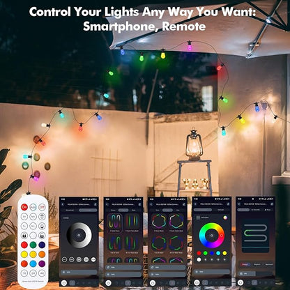 Outdoor String Lights Waterproof Patio Lights 104FT (2x52FT) 40 RGBW Dimmable LED Bulbs, APP & Remote Control, Shatterproof Hanging Color Changing Lights for Outside Backyard Party Porch Balcony